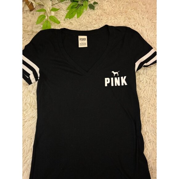 Victorias Secret Pink Black V-Neck T-Shirt With Striped Sleeves Womens Size S - Picture 4 of 11